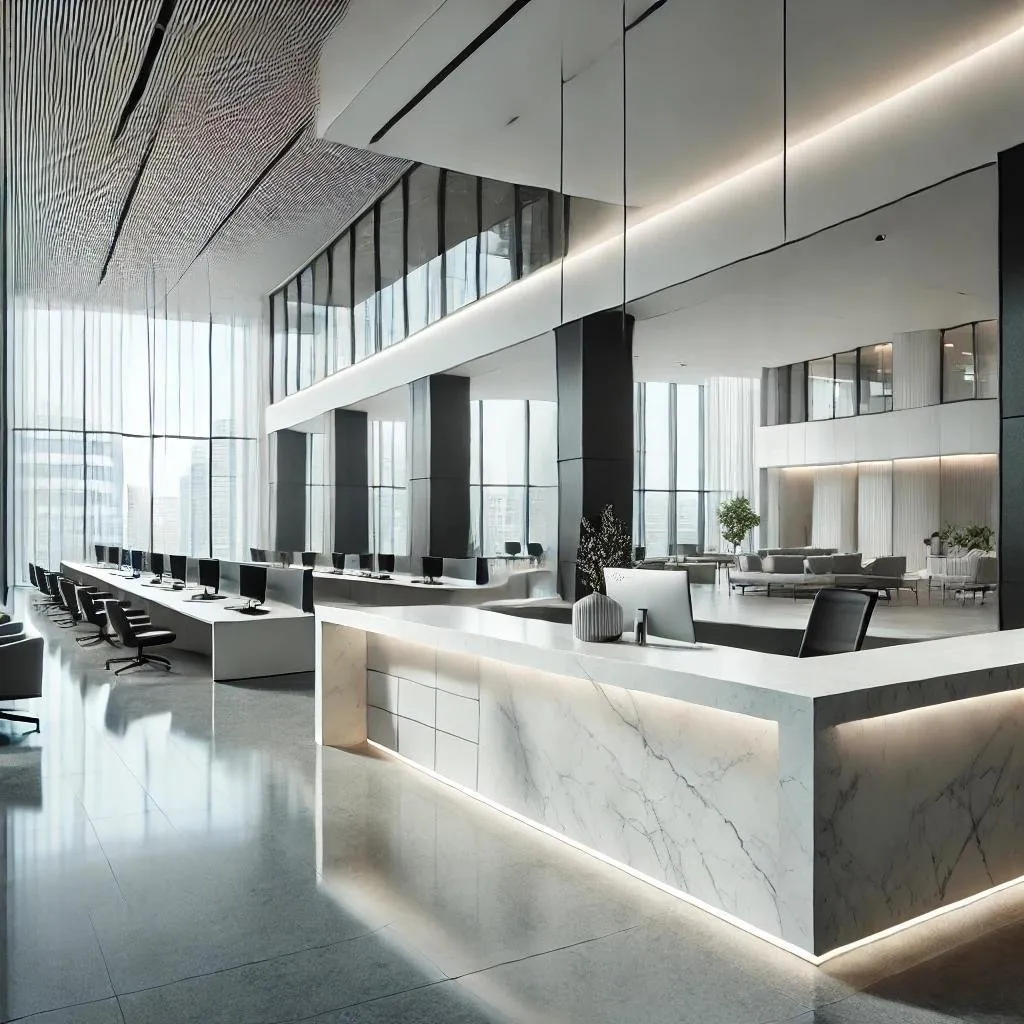 Contemporary office lobby with a white stone reception desk and an open workstation area