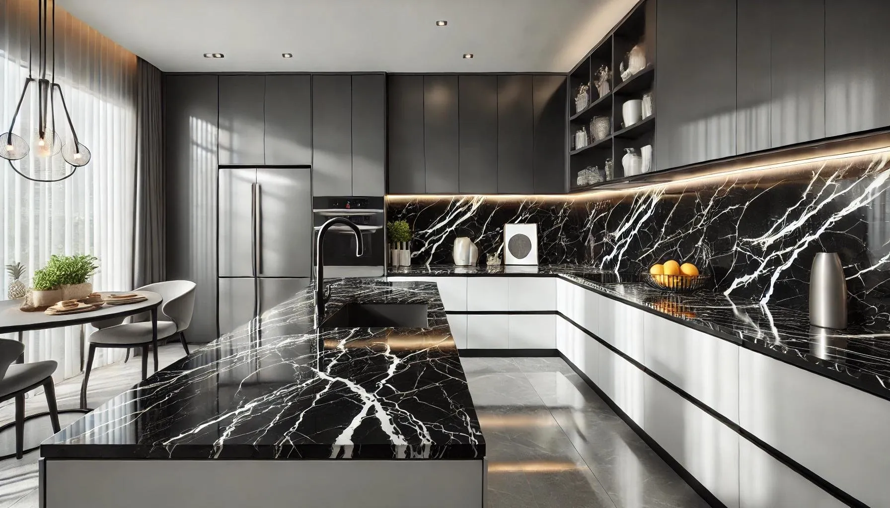 Modern kitchen with black stone counters, a matching backsplash, and white lower cabinets