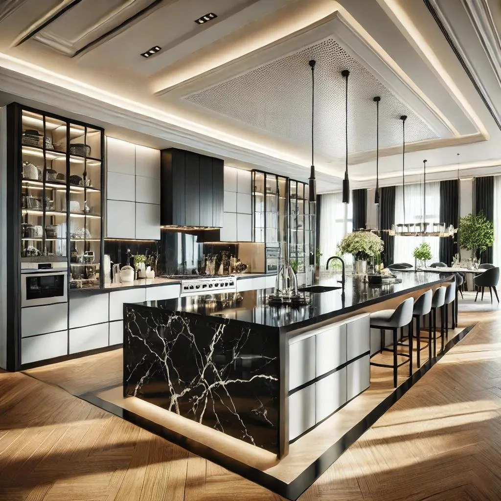 High-contrast kitchen with a black stone waterfall island and white cabinetry