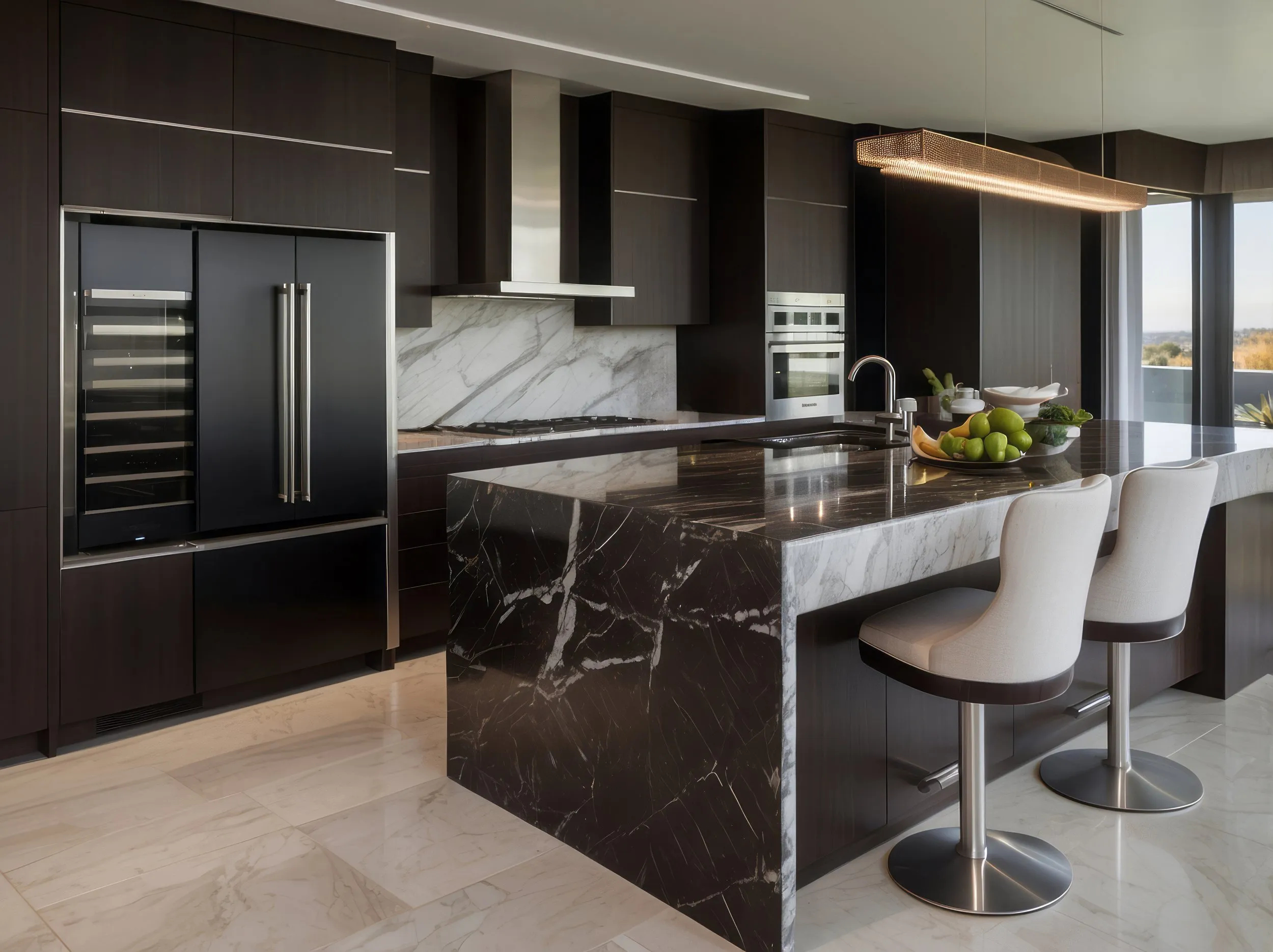Luxury kitchen with a dark stone waterfall island, marble floors, and dark wood cabinets