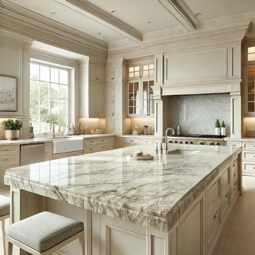 Cream kitchen with a speckled granite island, farmhouse sink, and traditional millwork