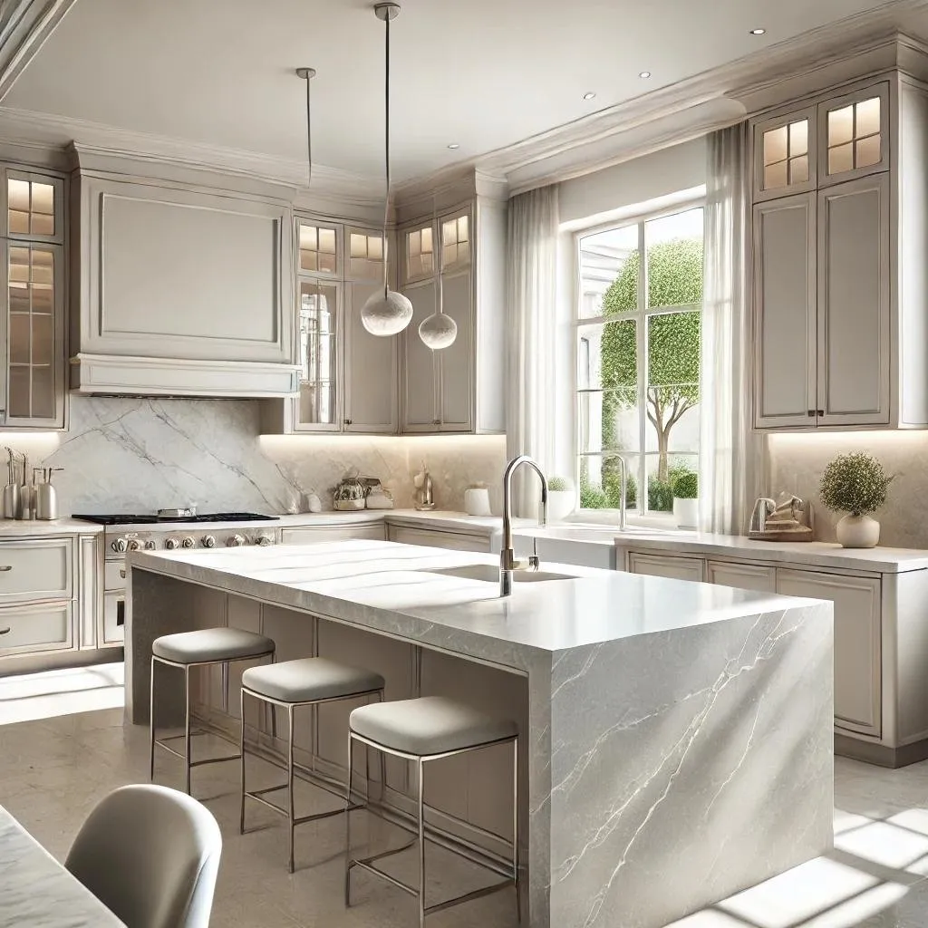 Bright kitchen with a pale quartz waterfall island, cream cabinets, and a garden window