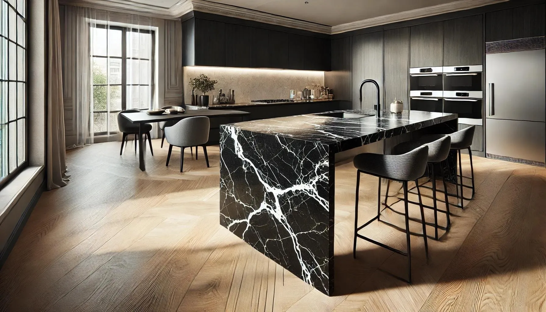 Modern kitchen with a black stone waterfall island, wood floors, and tall windows
