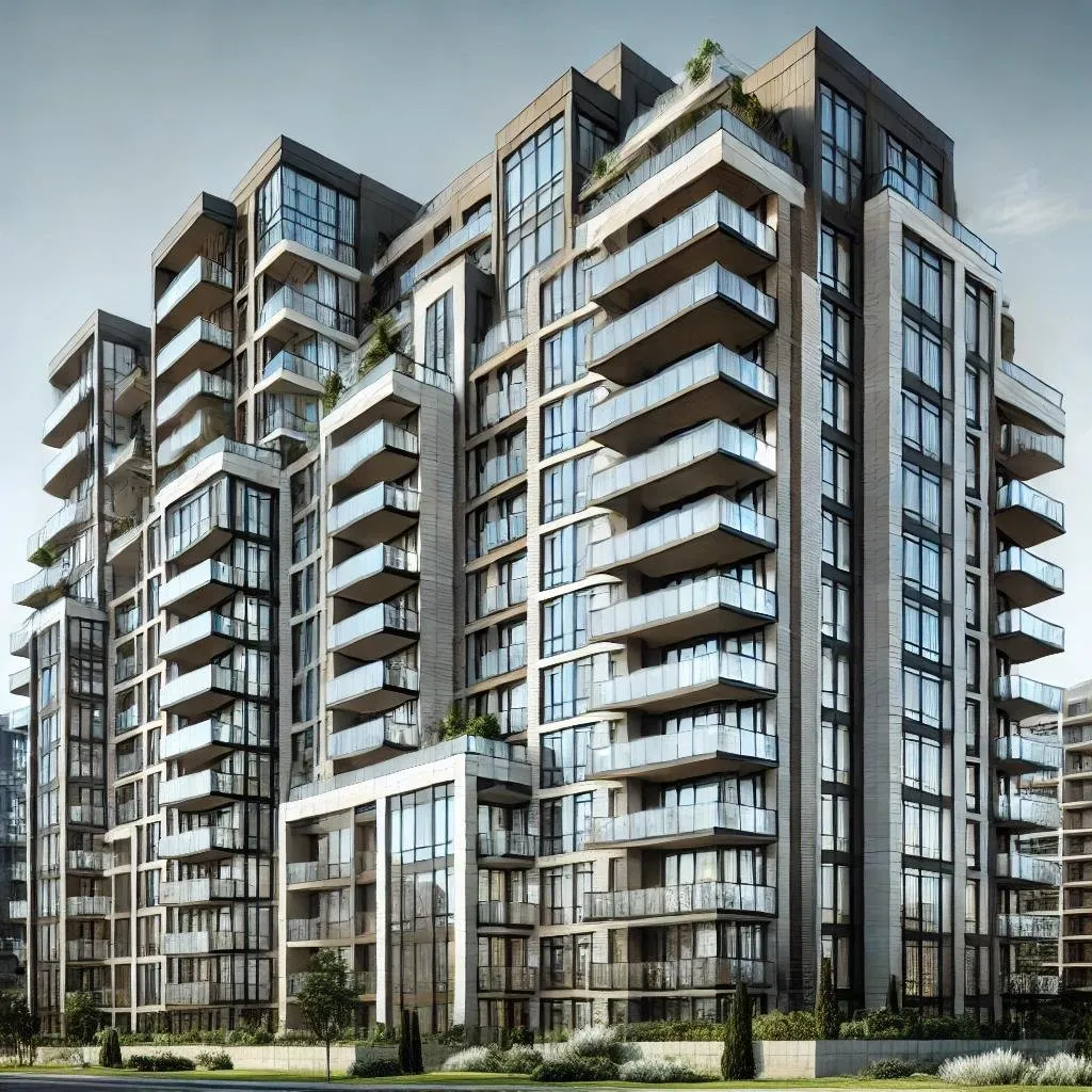 Modern multi-story apartment building with stacked glass balconies
